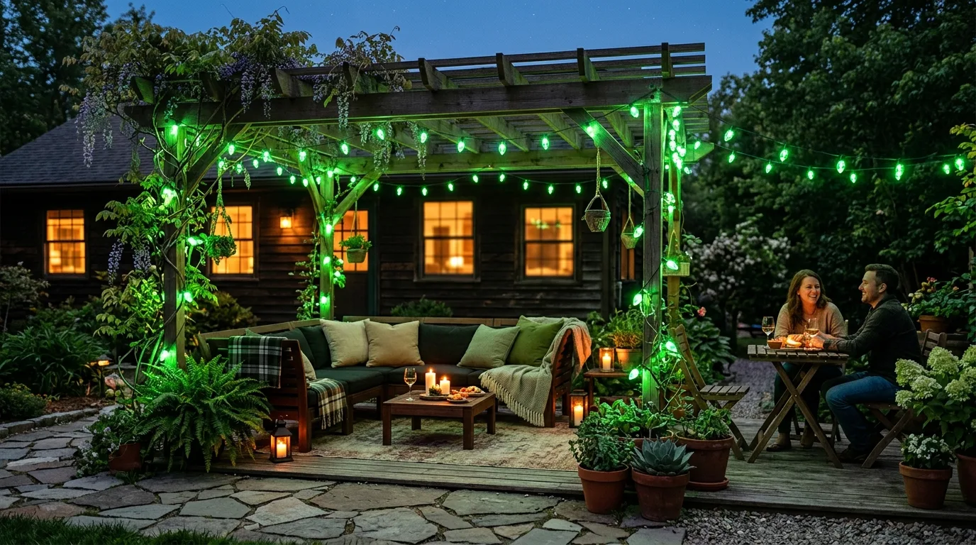 Patio decorated with green string lights at night
